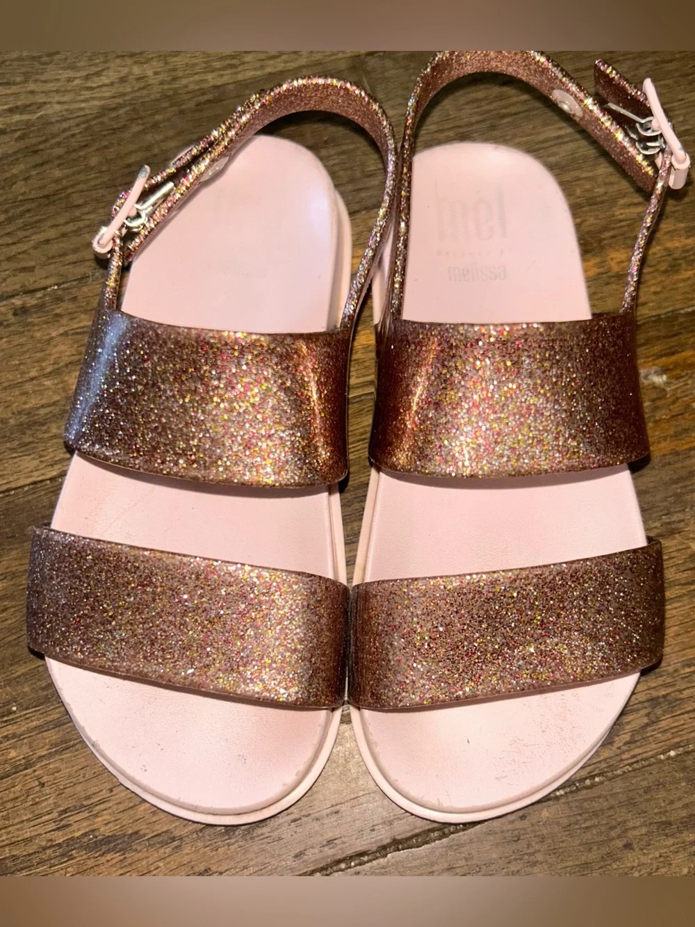 Melissa Kids Glitter Sandals in Pink and Rose Gold